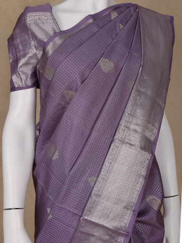 Lavender Floral Butta and Checks woven Silk Saree - Diadem
