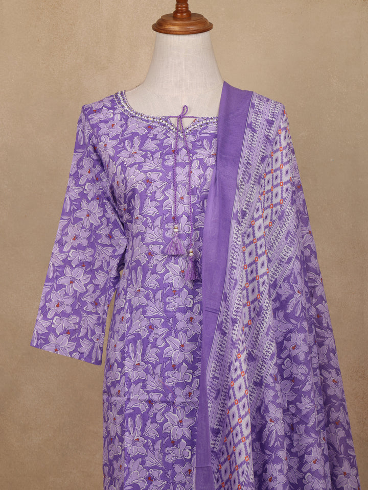 Lavender Floral Design Print Cotton Salwar Suit - Diadem