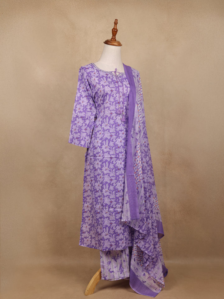 Lavender Floral Design Print Cotton Salwar Suit - Diadem