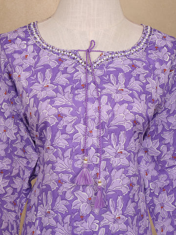 Lavender Floral Design Print Cotton Salwar Suit - Diadem