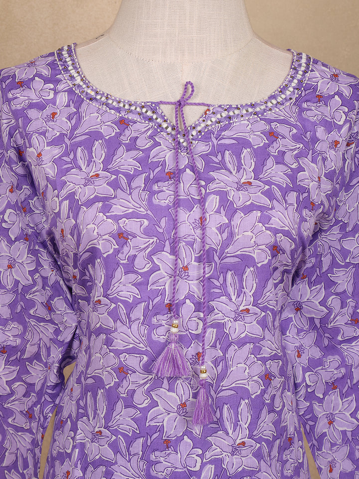 Lavender Floral Design Print Cotton Salwar Suit - Diadem