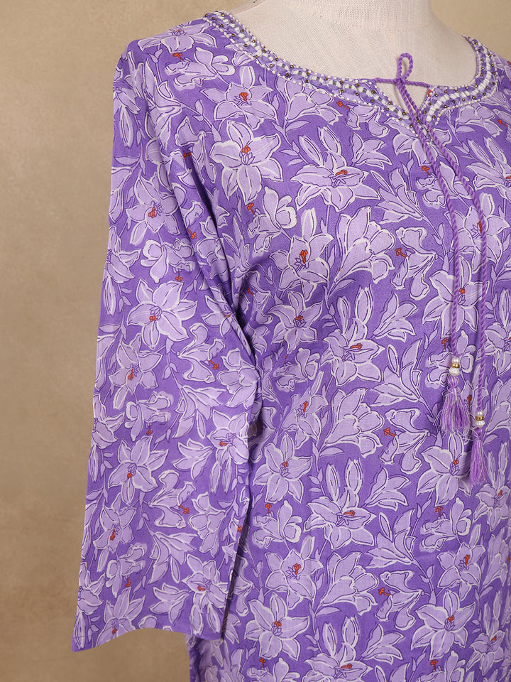 Lavender Floral Design Print Cotton Salwar Suit - Diadem