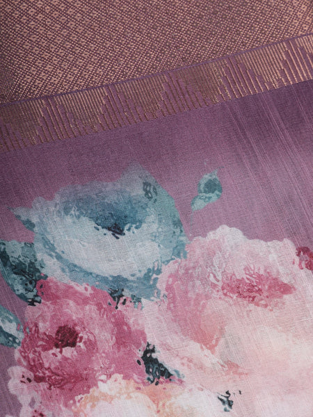 Lavender Floral Design Printed Cotton Saree - Diadem