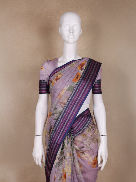 Lavender Floral Design Printed Kota Cotton Saree - Diadem