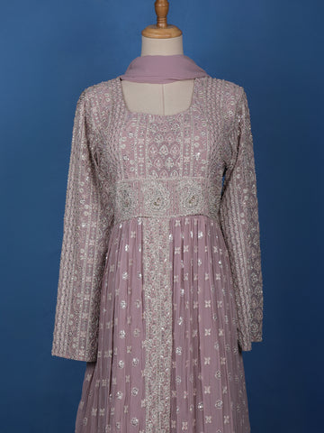 Lavender Floral Designed Anarkali Georgette Gown - Diadem