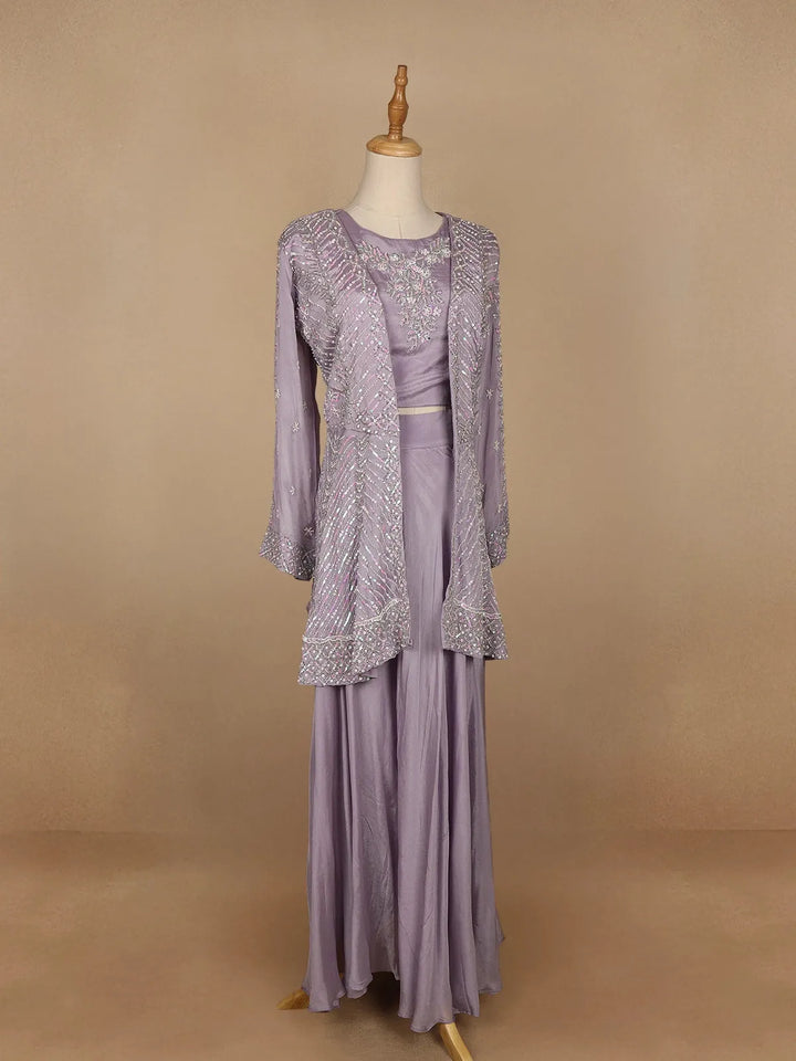 Lavender Floral Designed Chiffon Palazzo Salwar Suit - Diadem