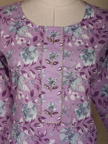Lavender Floral Designed Cotton Salwar Suit - Diadem