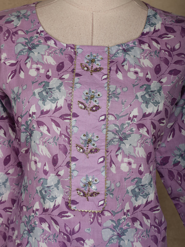Lavender Floral Designed Cotton Salwar Suit - Diadem