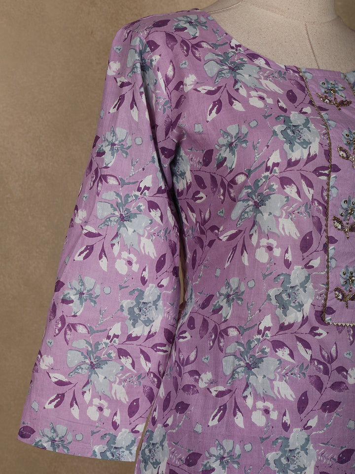 Lavender Floral Designed Cotton Salwar Suit - Diadem
