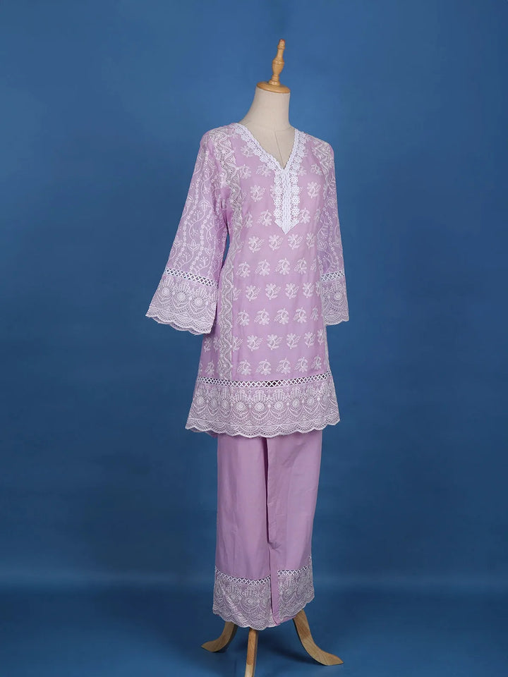Lavender Floral Designed Cotton Salwar Suit - Diadem