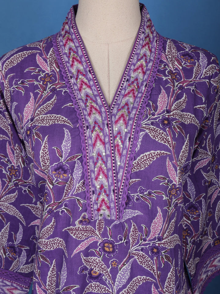 Lavender Floral Designed Cotton Straight Cut Salwar Suit - Diadem