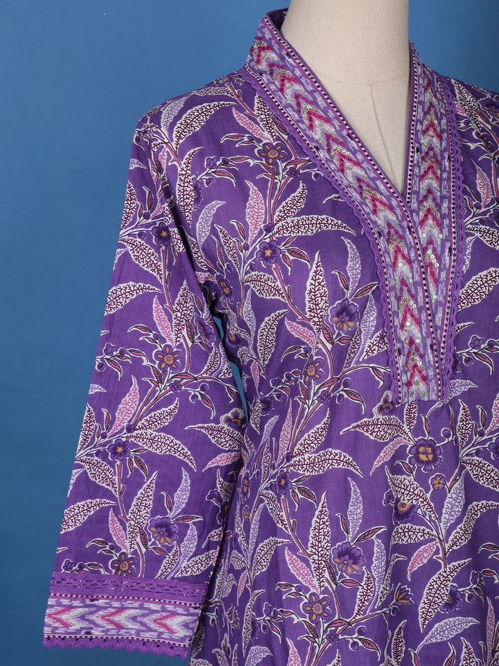 Lavender Floral Designed Cotton Straight Cut Salwar Suit - Diadem
