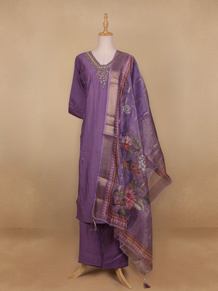 Lavender Floral Designed Semi Silk Salwar Suit - Diadem