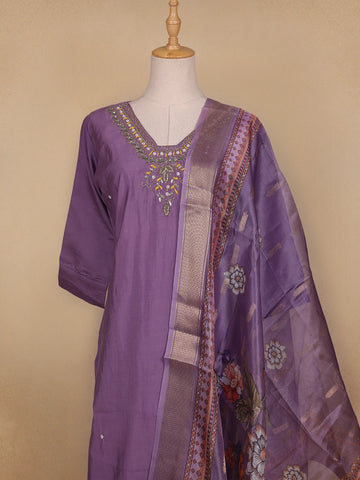Lavender Floral Designed Semi Silk Salwar Suit - Diadem