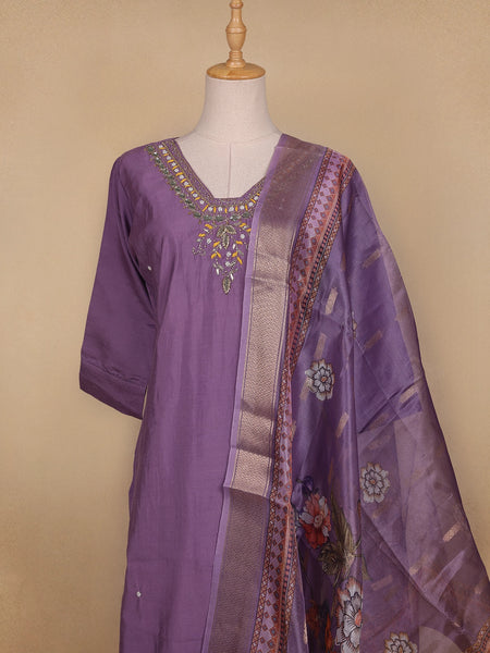 Lavender Floral Designed Semi Silk Salwar Suit - Diadem