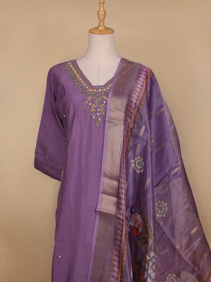 Lavender Floral Designed Semi Silk Salwar Suit - Diadem