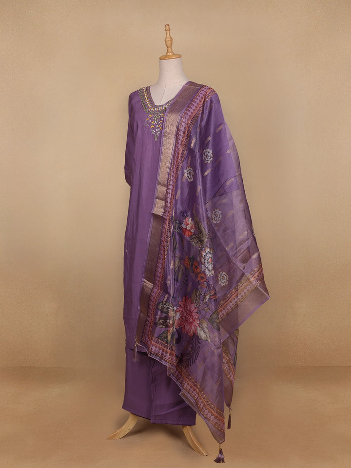 Lavender Floral Designed Semi Silk Salwar Suit - Diadem