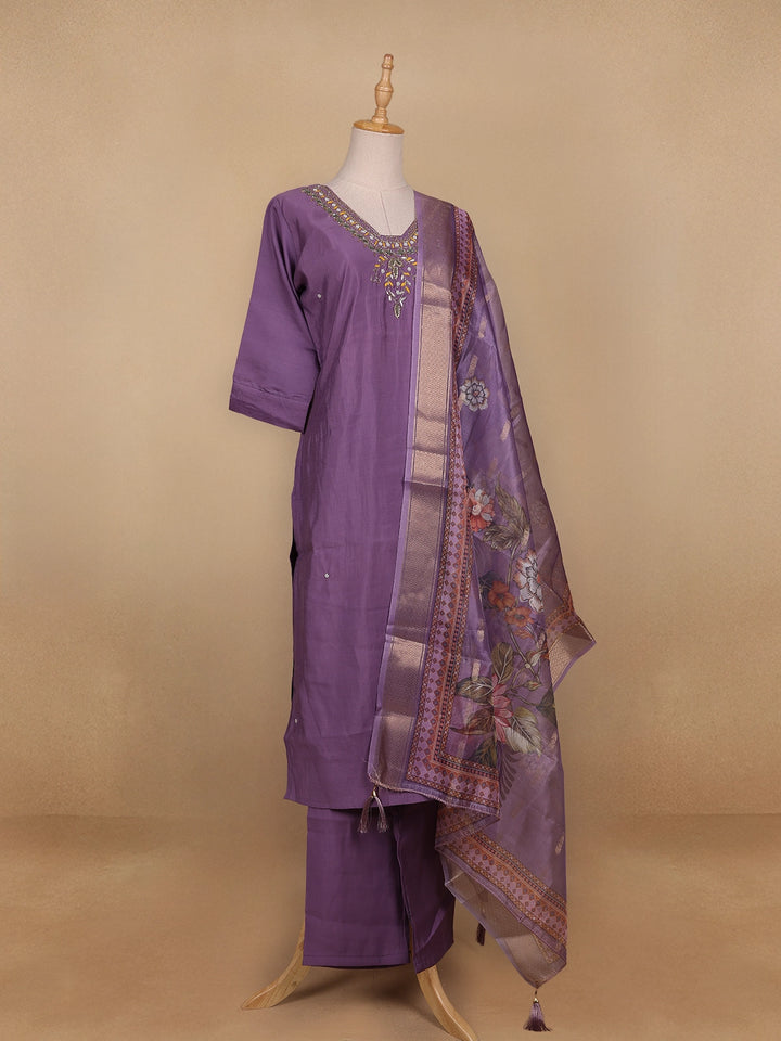 Lavender Floral Designed Semi Silk Salwar Suit - Diadem