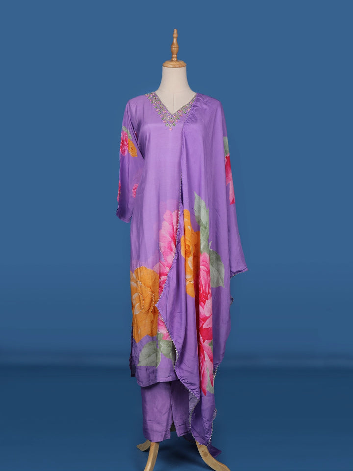 Lavender Floral Designed Semi Silk Straight Cut Salwar Suit - Diadem