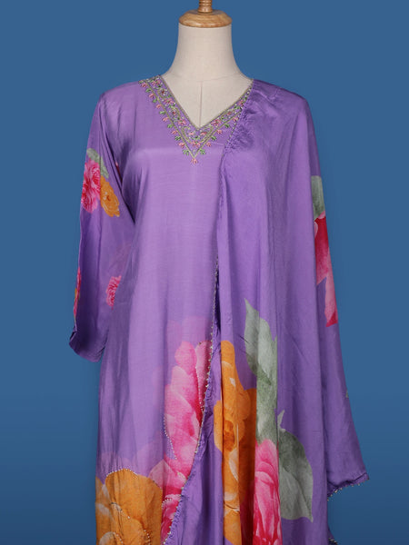 Lavender Floral Designed Semi Silk Straight Cut Salwar Suit - Diadem