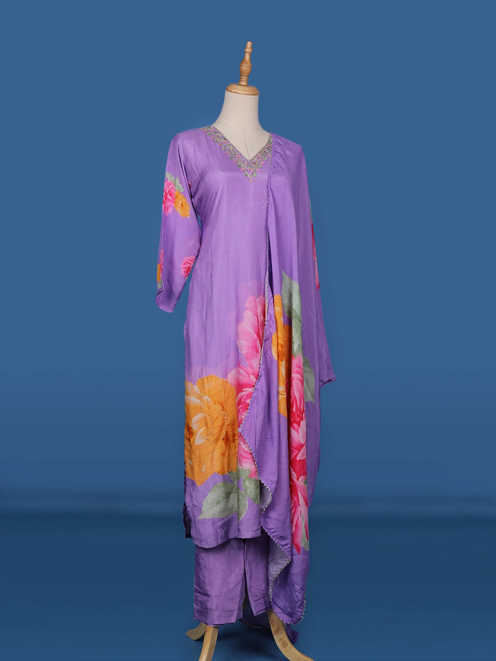 Lavender Floral Designed Semi Silk Straight Cut Salwar Suit - Diadem
