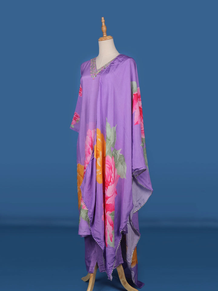 Lavender Floral Designed Semi Silk Straight Cut Salwar Suit - Diadem