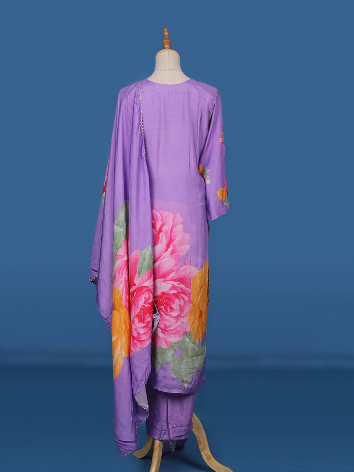Lavender Floral Designed Semi Silk Straight Cut Salwar Suit - Diadem