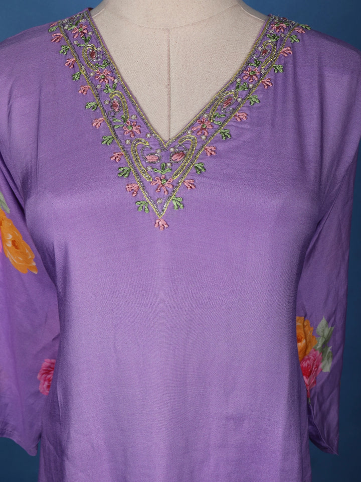 Lavender Floral Designed Semi Silk Straight Cut Salwar Suit - Diadem