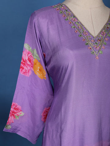 Lavender Floral Designed Semi Silk Straight Cut Salwar Suit - Diadem