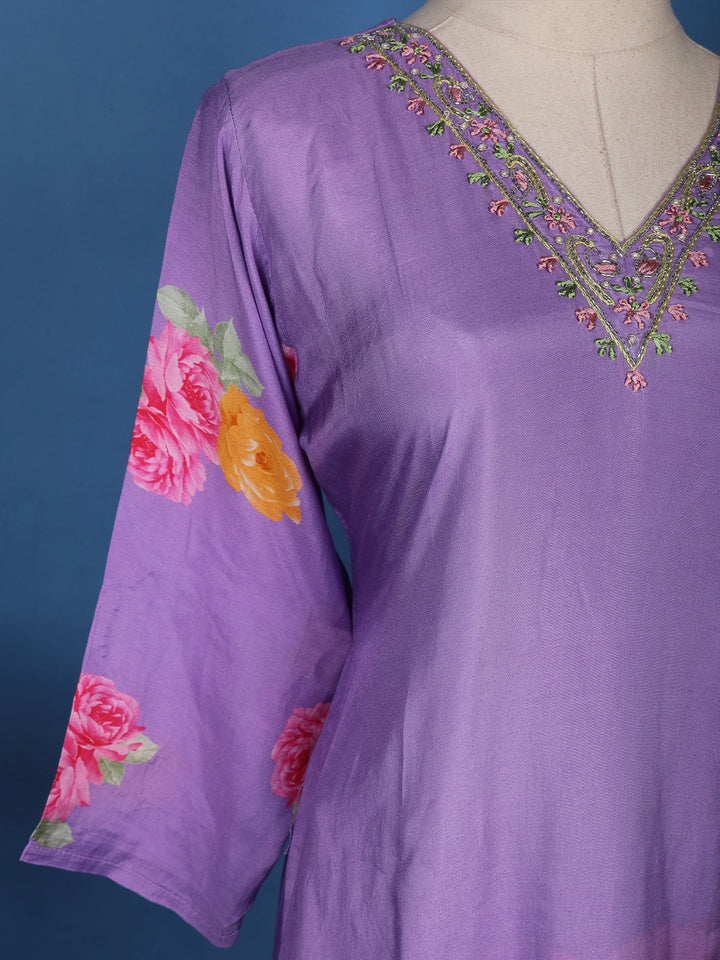 Lavender Floral Designed Semi Silk Straight Cut Salwar Suit - Diadem