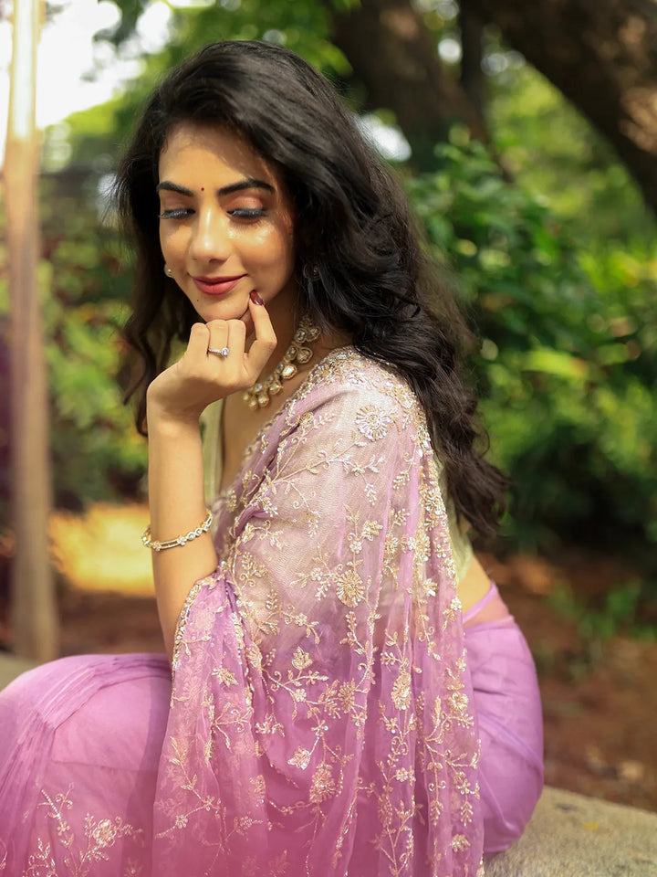 Lavender Floral Embroidered Organza Designer Saree - Diadem