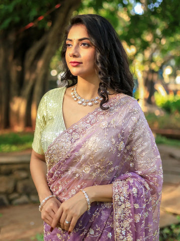 Lavender Floral Embroidered Organza Designer Saree - Diadem
