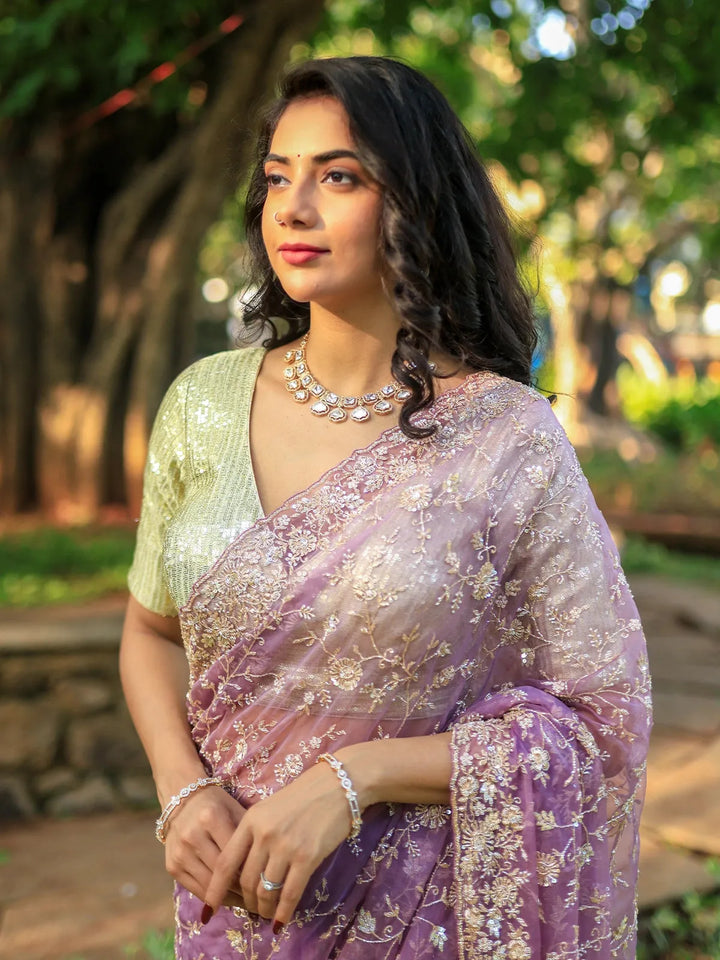 Lavender Floral Embroidered Organza Designer Saree - Diadem