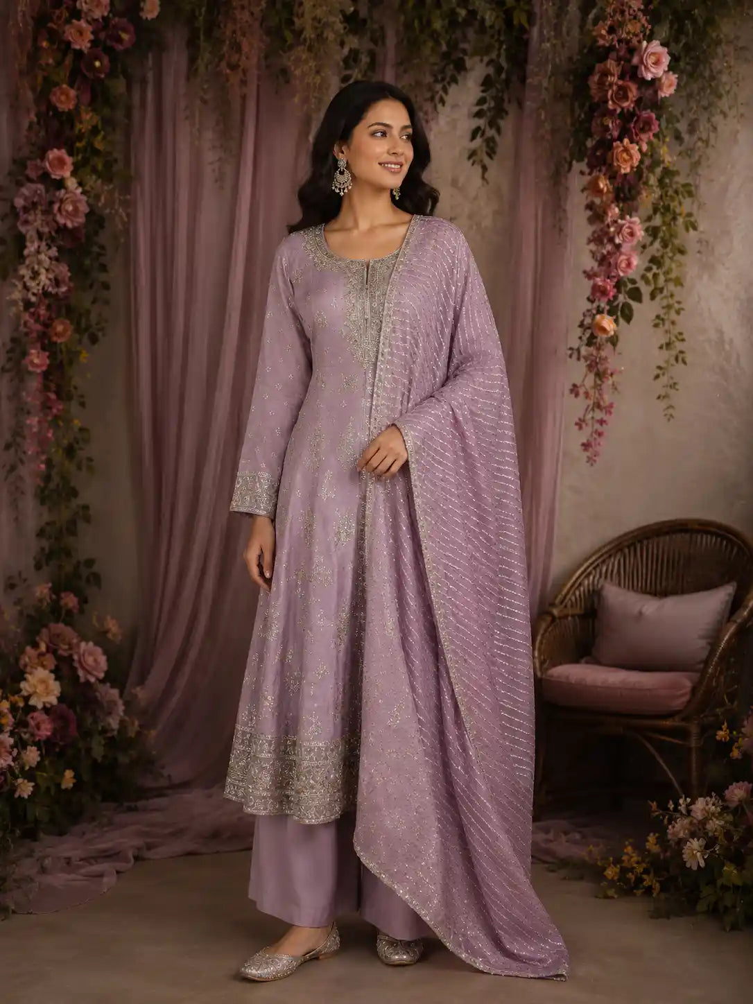 Lavender Floral Embroidered Tissue Silk Palazzo Suit with Striped Dupatta