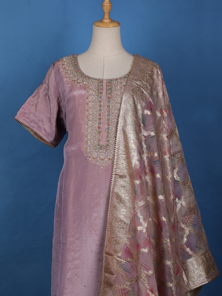 Lavender Floral Embroidery Tissue Silk Salwar Suit - Diadem