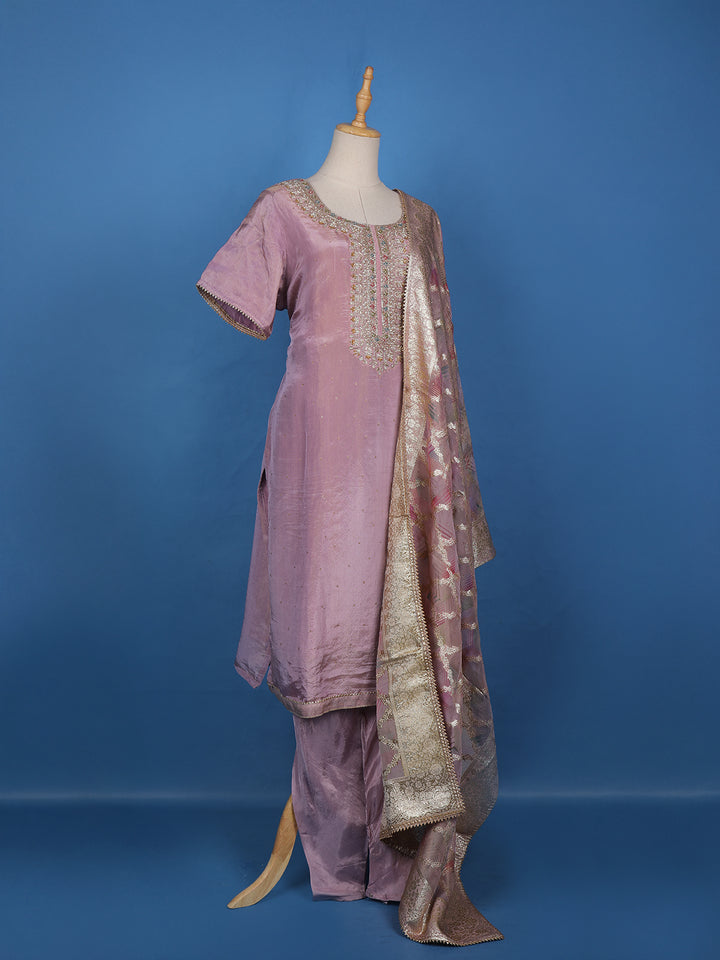 Lavender Floral Embroidery Tissue Silk Salwar Suit - Diadem