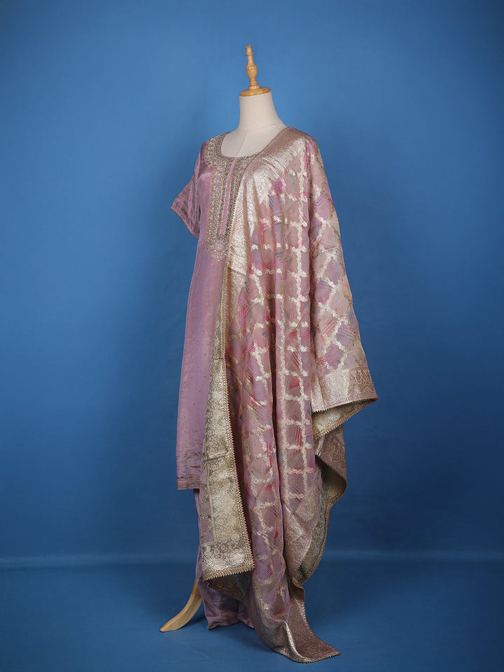 Lavender Floral Embroidery Tissue Silk Salwar Suit - Diadem