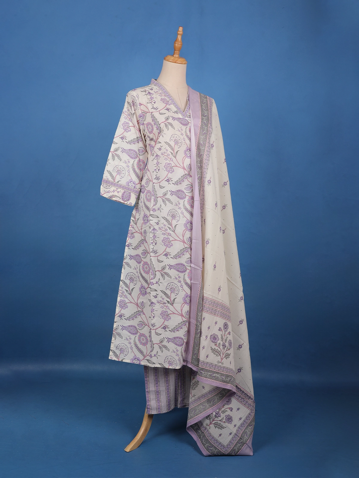 Lavender Floral Printed Cotton Salwar Suit Set - Diadem