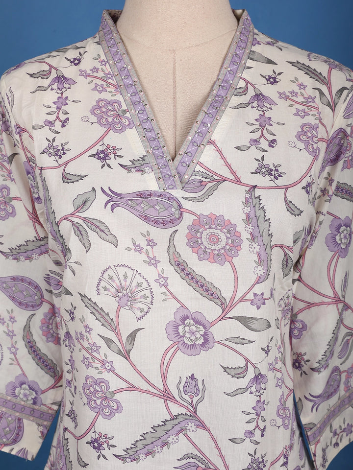 Lavender Floral Printed Cotton Salwar Suit Set - Diadem