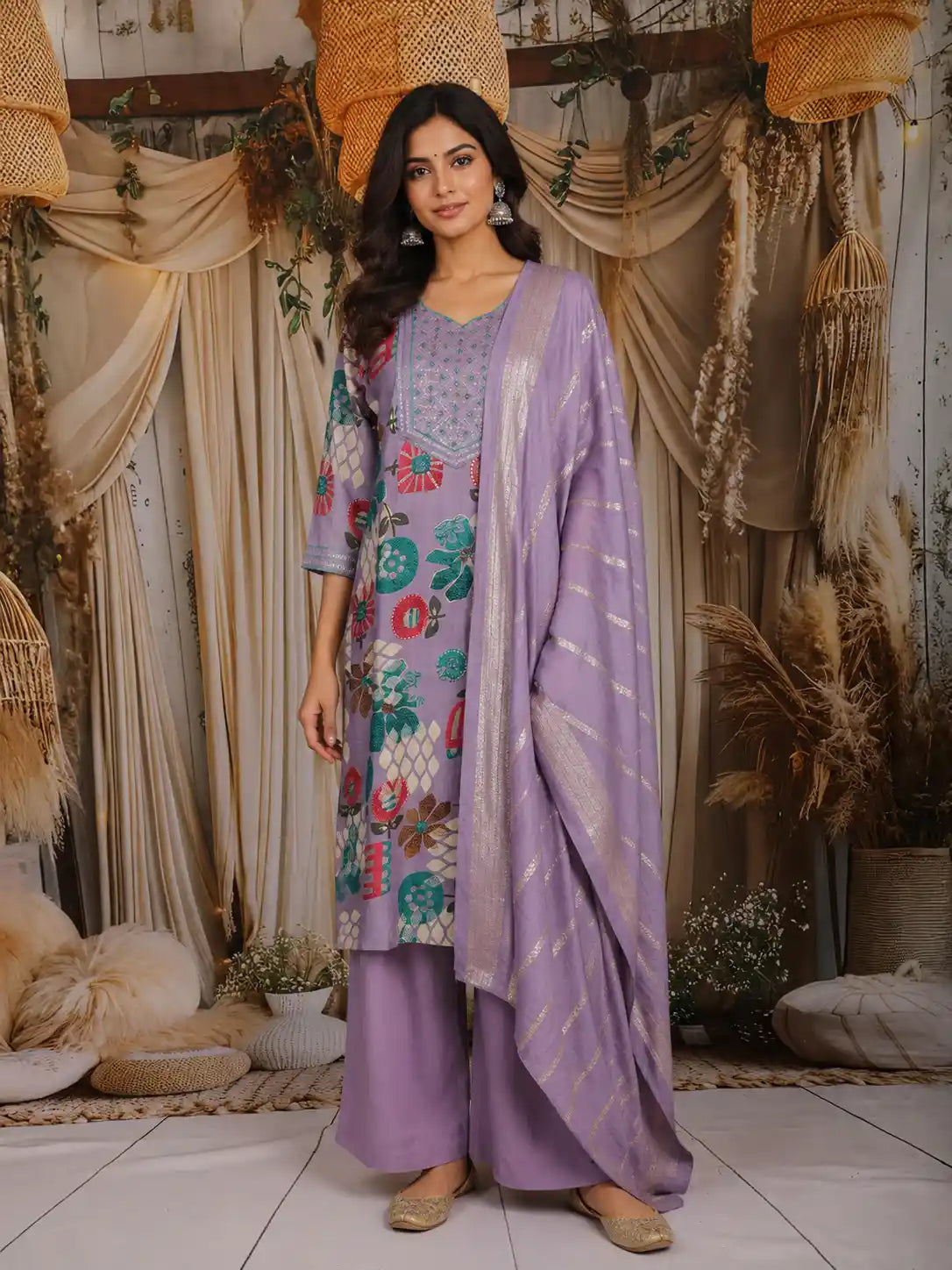 Lavender Floral Printed Cotton Salwar Suit with Embroidered Yoke and Dupatta