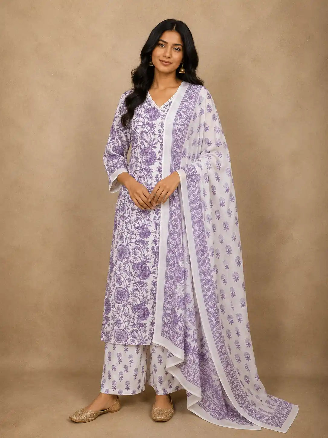 Lavender Floral Printed Design Cotton Straight Cut Salwar Suit with Dupatta