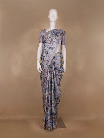 Lavender Floral Printed Tussar Silk Saree - Diadem