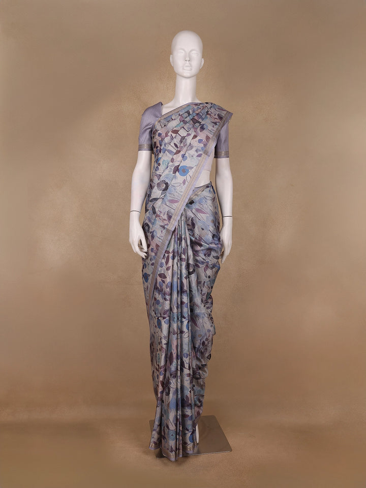 Lavender Floral Printed Tussar Silk Saree - Diadem