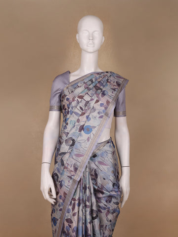 Lavender Floral Printed Tussar Silk Saree - Diadem