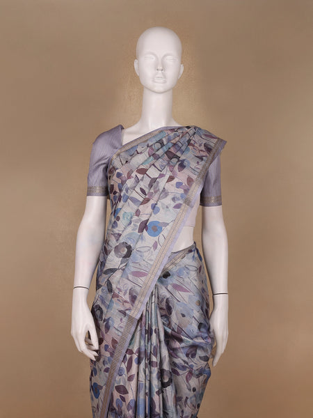 Lavender Floral Printed Tussar Silk Saree - Diadem