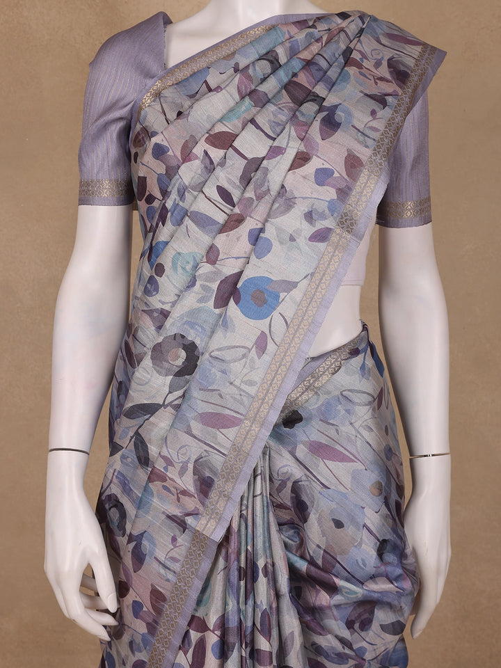 Lavender Floral Printed Tussar Silk Saree - Diadem