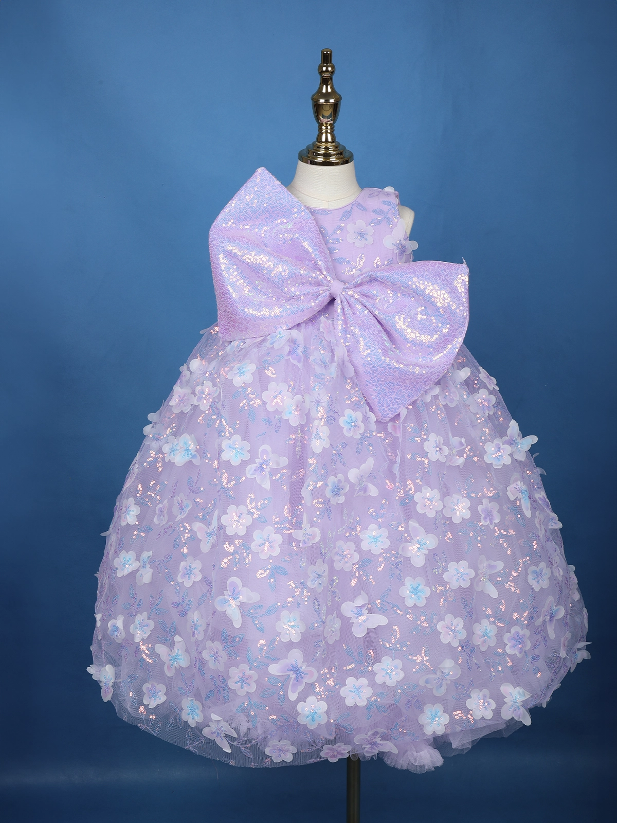 Lavender Floral Sequin Embellished Kids Net Gown with Statement Bow