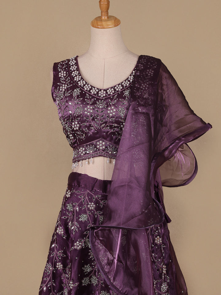 Lavender Floral and Stone Embroidery Bridesmaid Organza Lehenga - Diadem