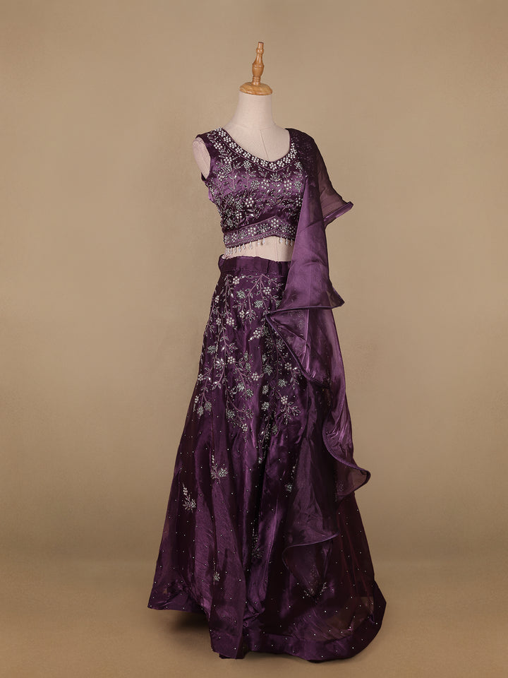 Lavender Floral and Stone Embroidery Bridesmaid Organza Lehenga - Diadem