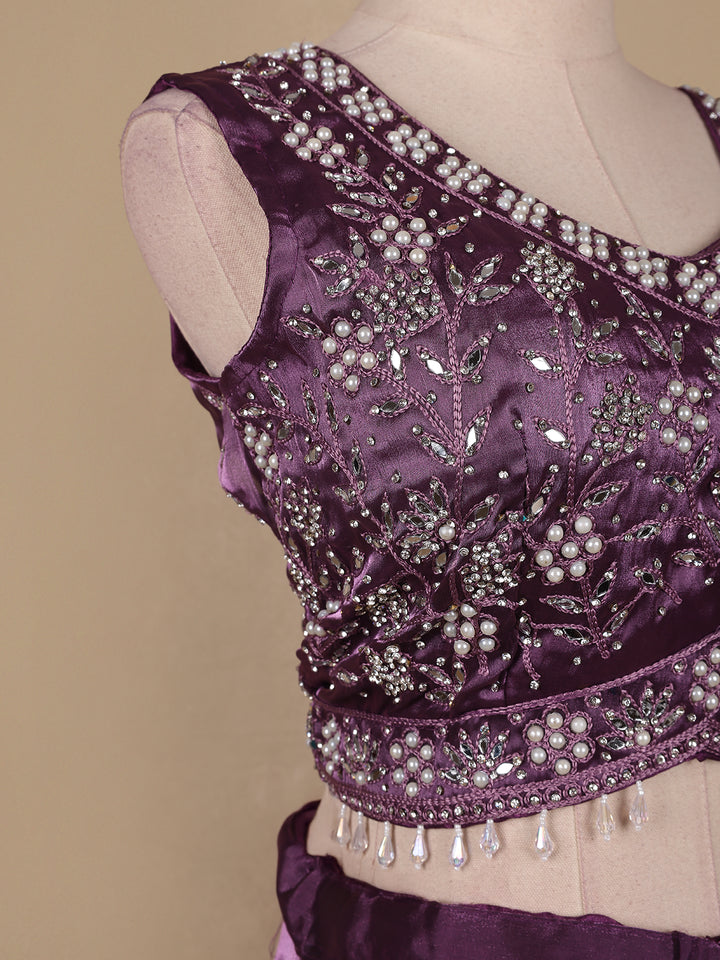 Lavender Floral and Stone Embroidery Bridesmaid Organza Lehenga - Diadem
